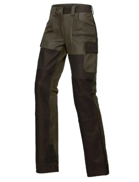 Robust olive green women's leather trousers for hunting