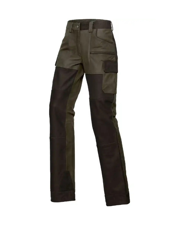 Robust olive green women's leather trousers for hunting